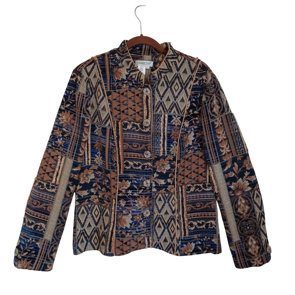 Coldwater Creek Womens Large Blue Brown Patchwork Tapestry Button Front Jacket